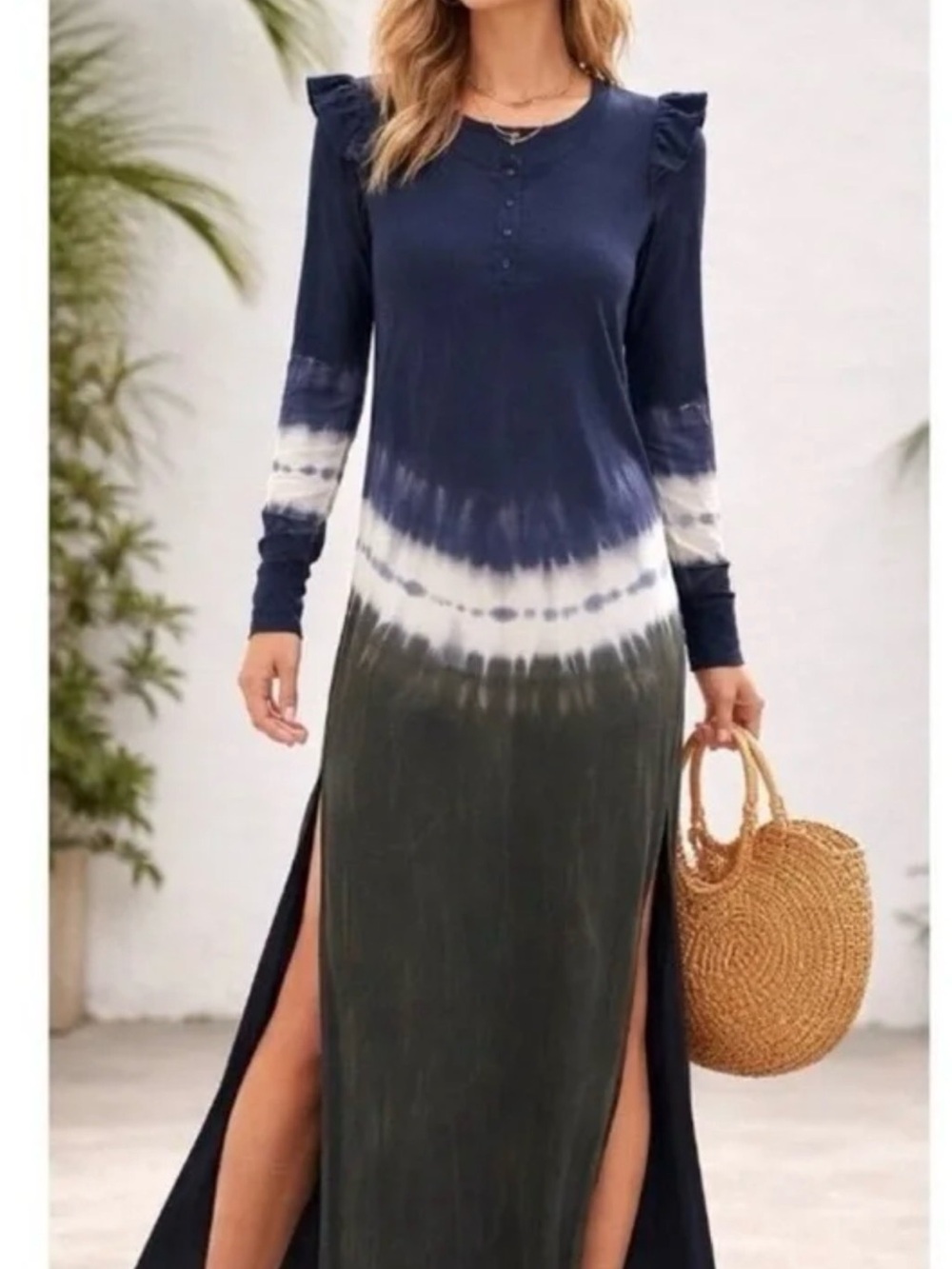 NWT REVOLVE Z Supply - S Blue Iris Tie Dye Ruffle Maxi Side Slits Dress